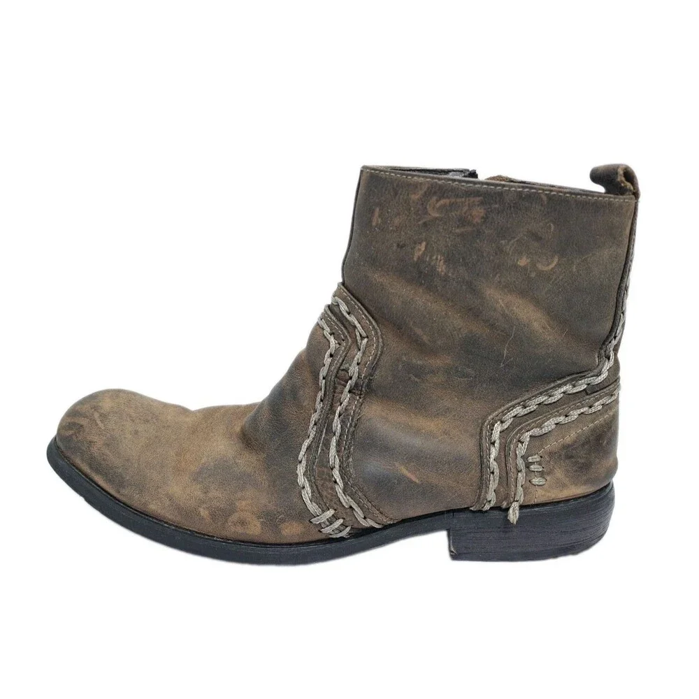 Bed Stu Men's 10 Revolution Distressed Leather Boots Whipstitch Side Zip Zipper